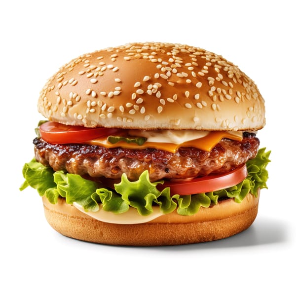 A Sharkies Bar & Grill cheeseburger with lettuce, tomato, pickles, and sauce on a sesame seed bun.