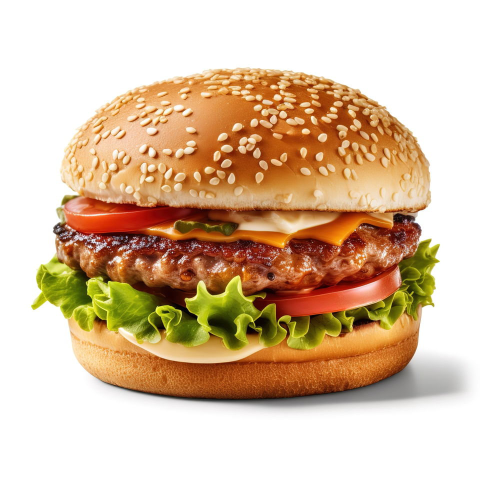 A Sharkies Bar & Grill cheeseburger with lettuce, tomato, pickles, and sauce on a sesame seed bun.