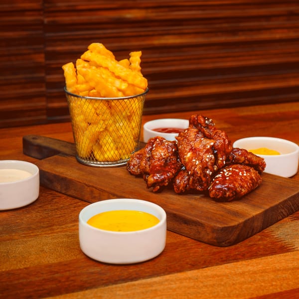 Sharkies Bar & Grill's chicken wings with sesame seeds, fries, and dipping sauces on a wooden board.