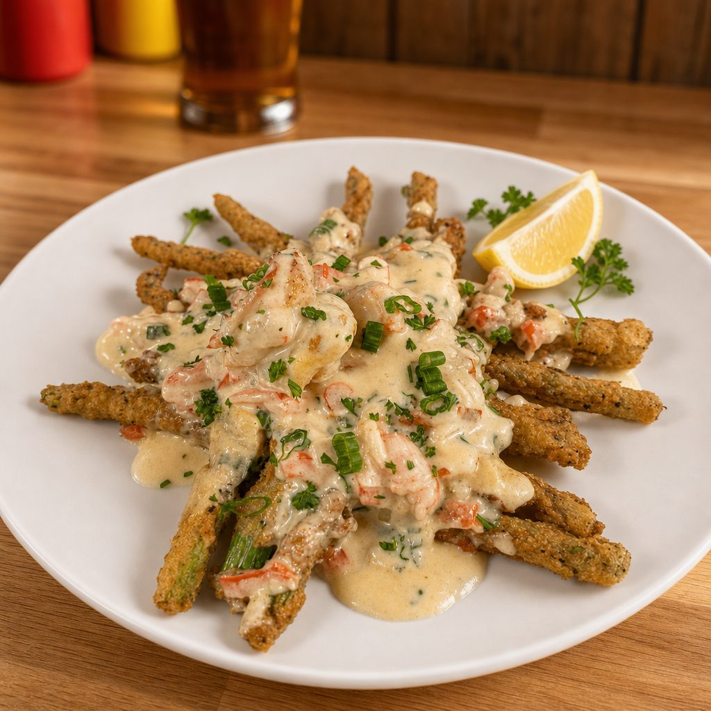 Fried Asparagus with Creamy Crab Sauce.