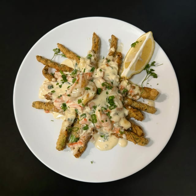 Fried Asparagus with Creamy Crab Sauce.