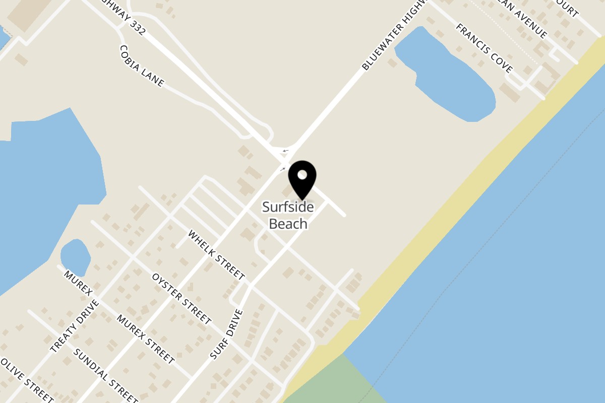 Map showing the location of Sharkies Bar & Grill on 10 Surf Dr in Surfside Beach